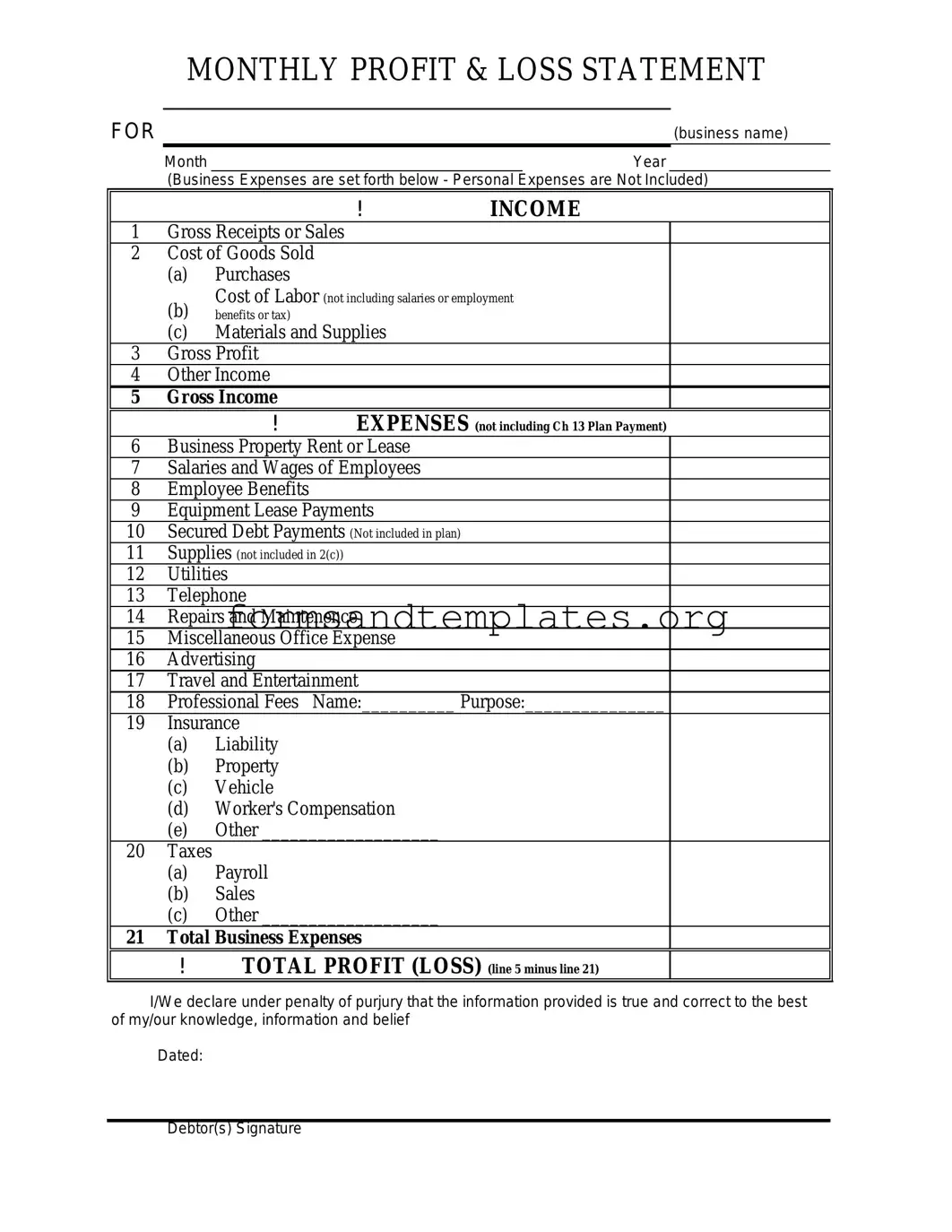 Printable Profit And Loss Template