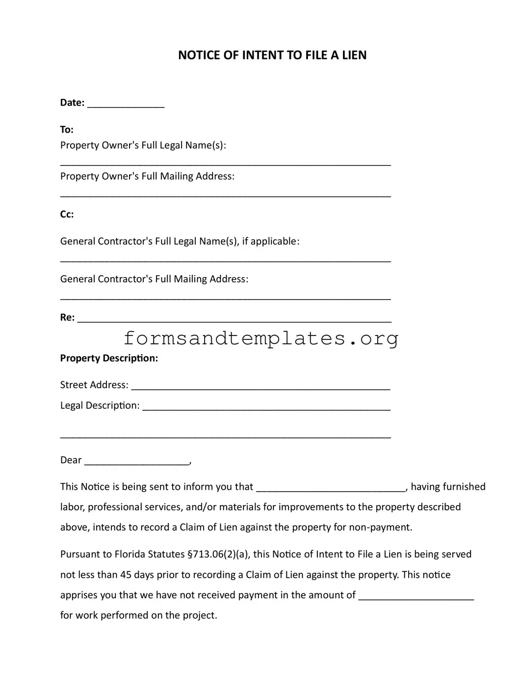 Printable Intent To Lien Florida Template