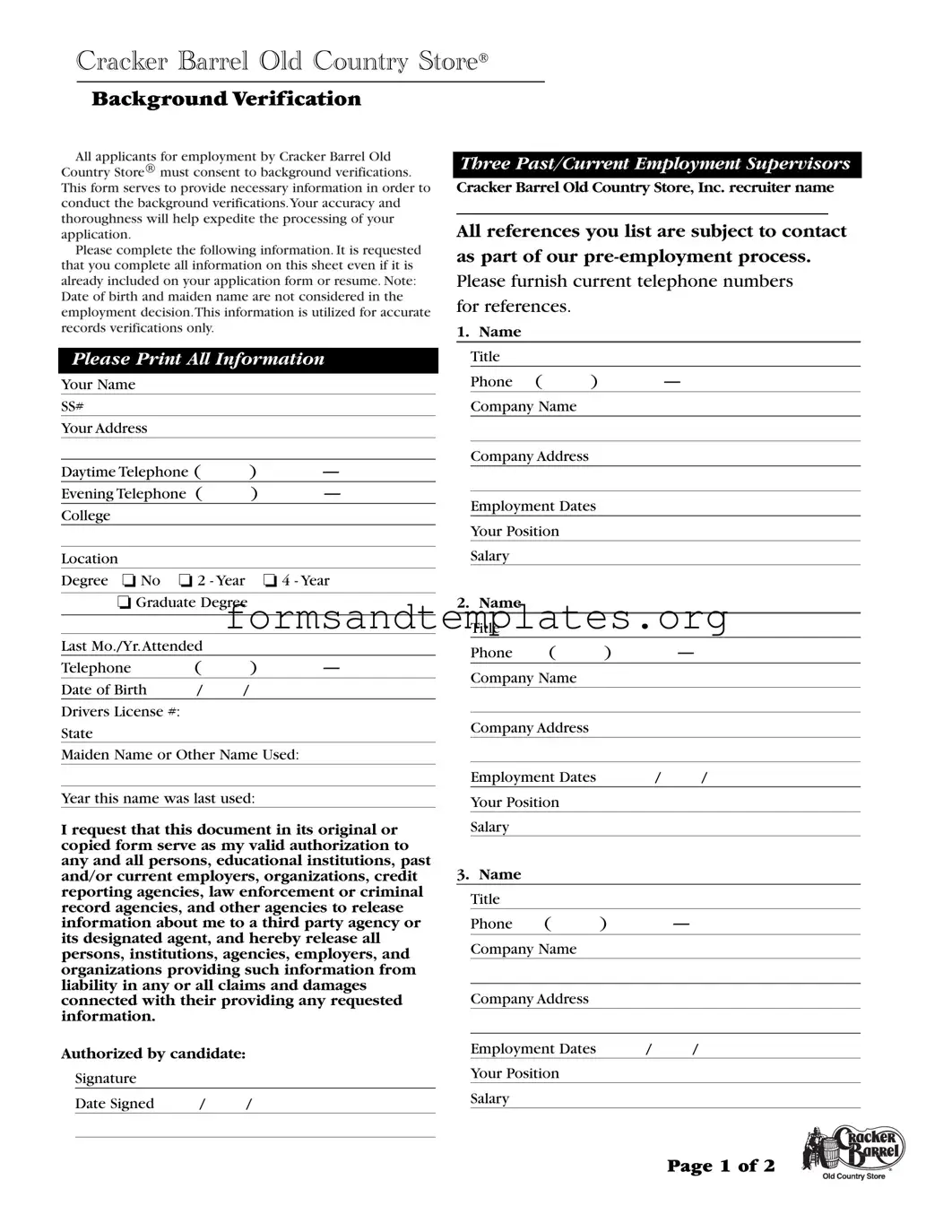 Printable Cracker Barrel Background Check Template