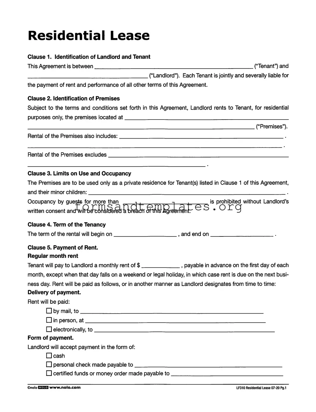 Printable Lf310 Residential Lease Template