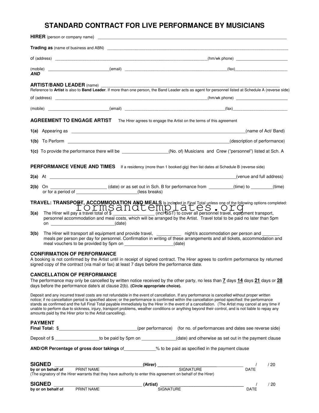 Printable Live Performance Contract Template