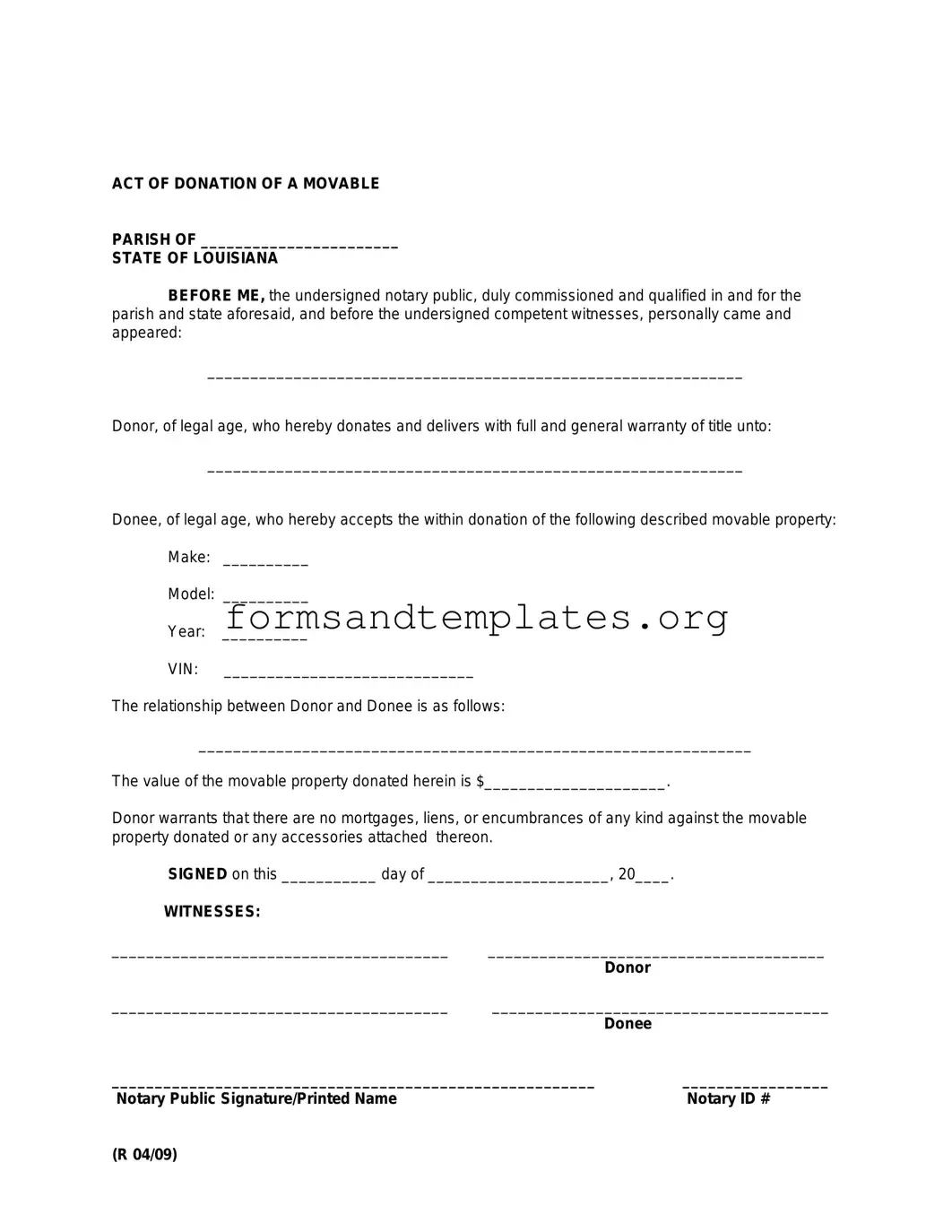 Printable Louisiana act of donation Template