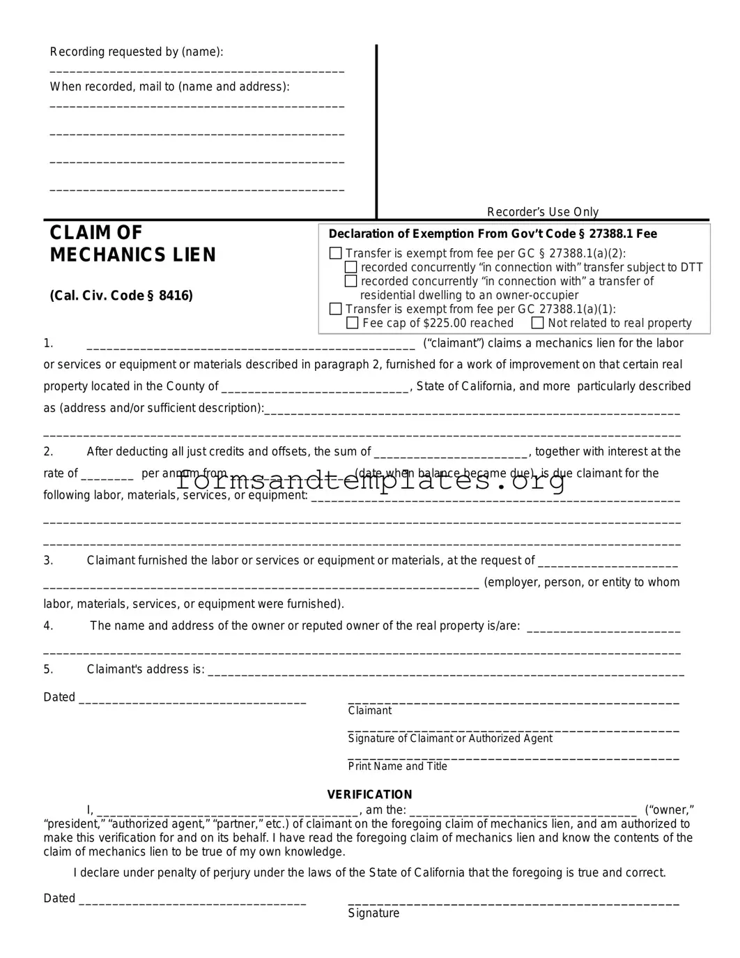 Printable Mechanics Lien California Template