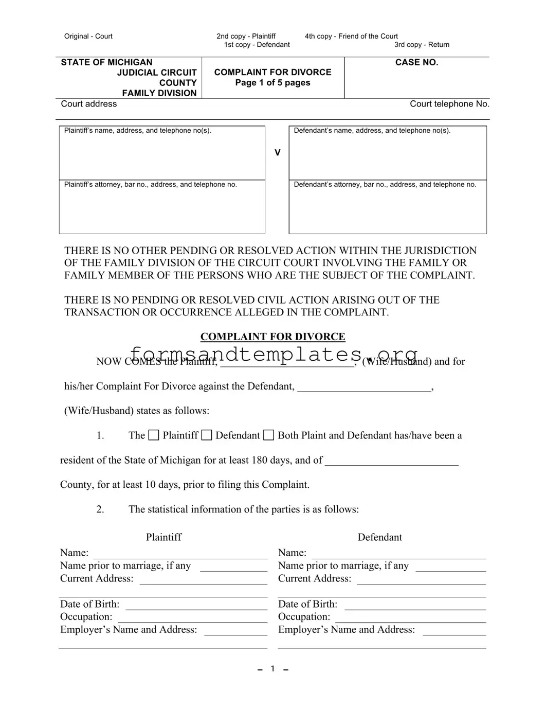 Printable Michigan Complaint Divorce Template