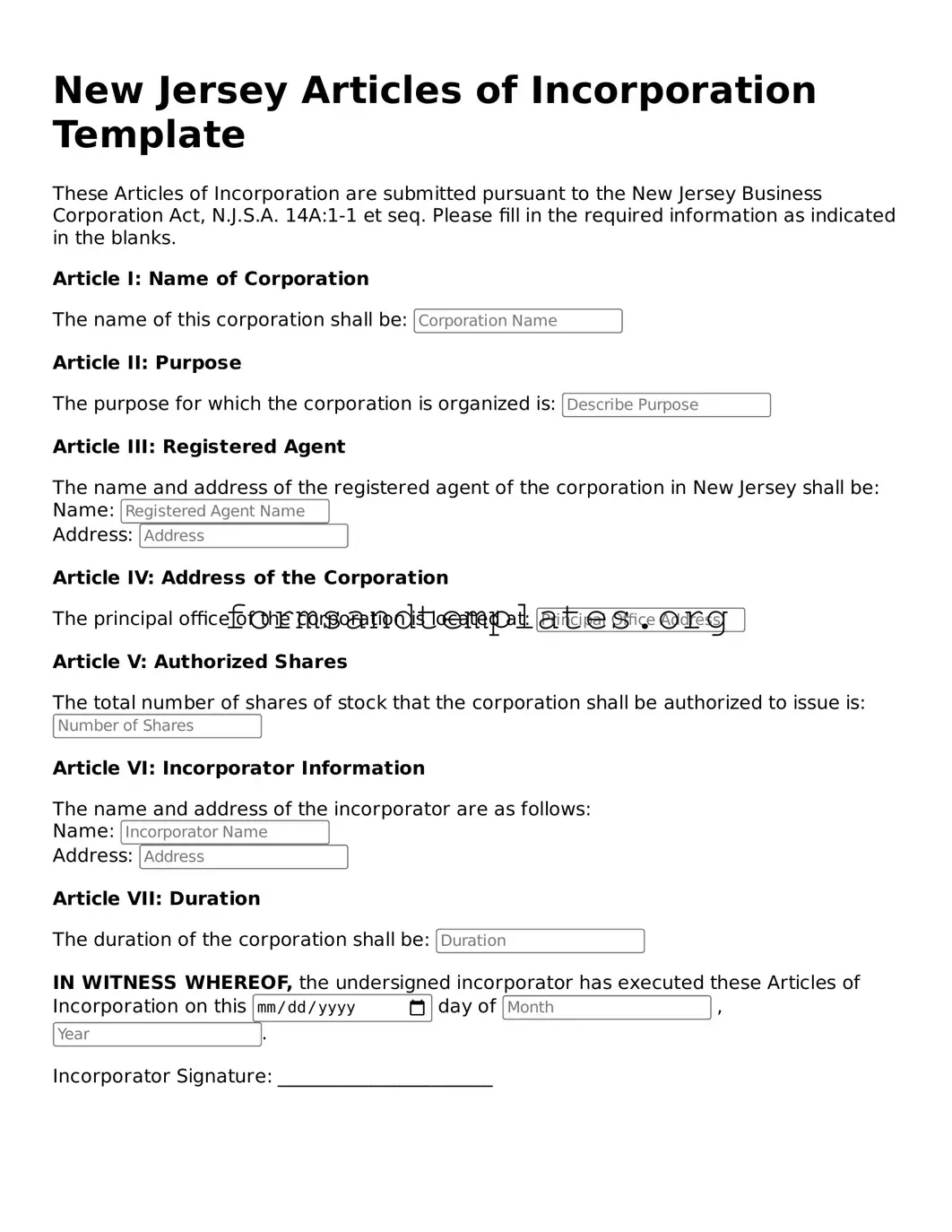 Articles of Incorporation Template for the State of New Jersey