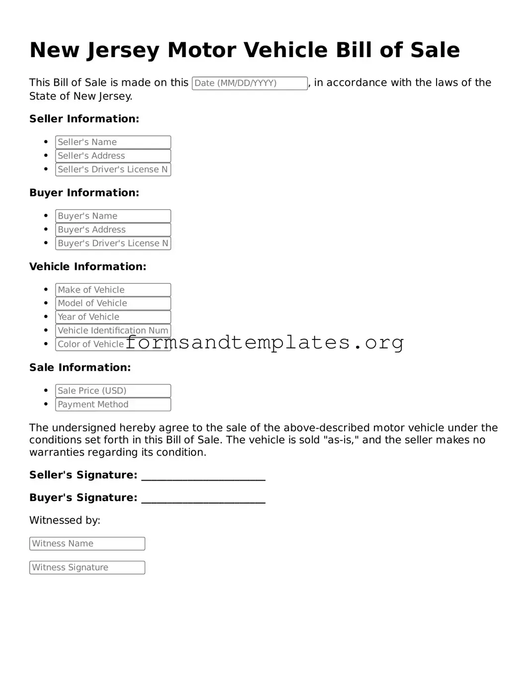 Motor Vehicle Bill of Sale Template for the State of New Jersey