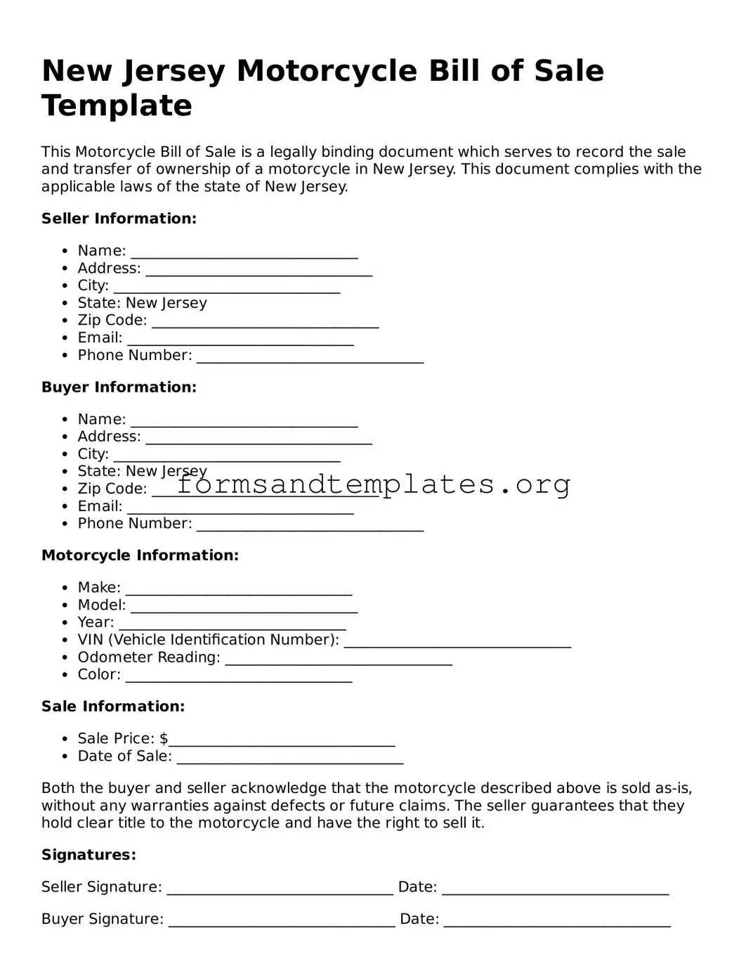 Motorcycle Bill of Sale Template for the State of New Jersey