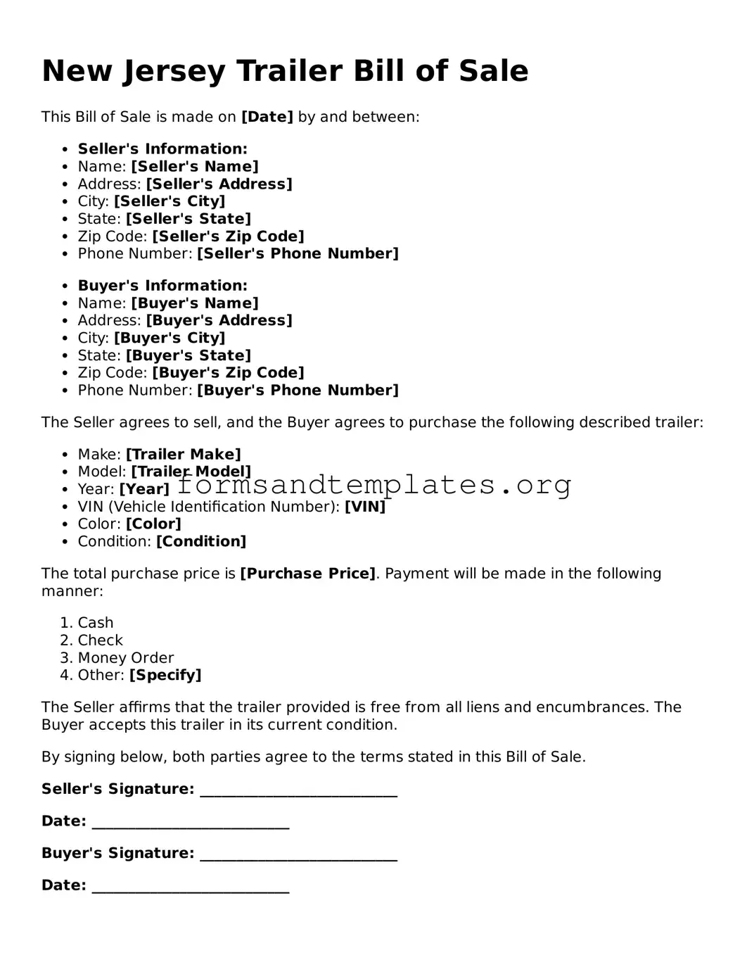 Trailer Bill of Sale Template for the State of New Jersey