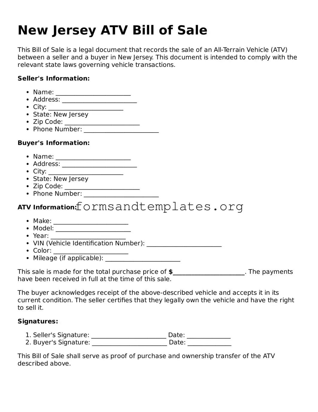 ATV Bill of Sale Template for the State of New Jersey