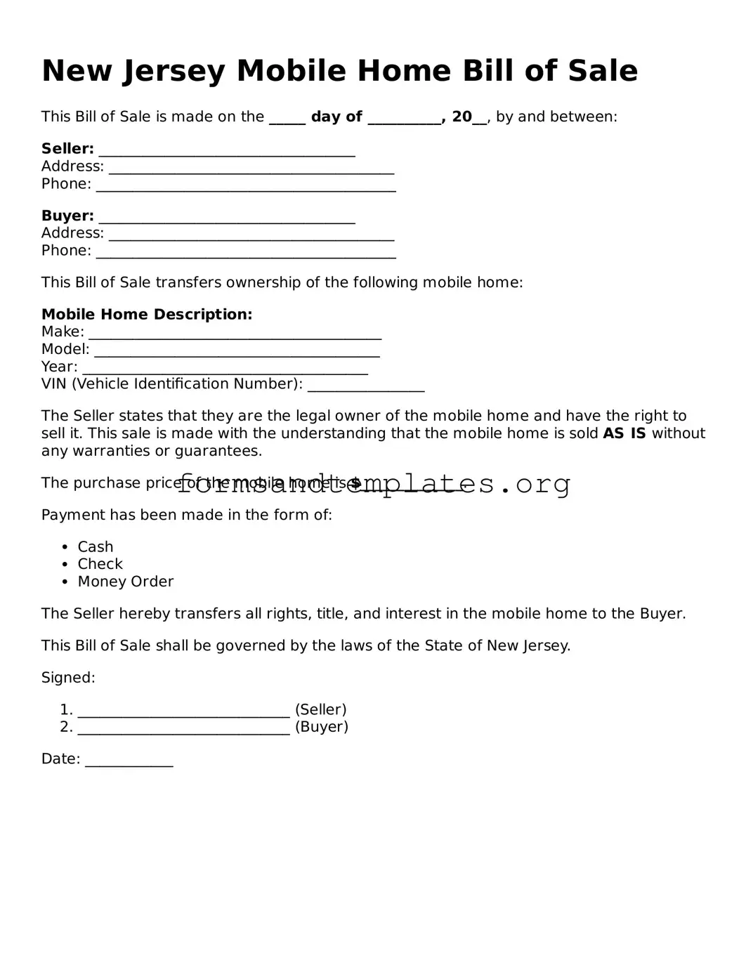 Mobile Home Bill of Sale Template for the State of New Jersey