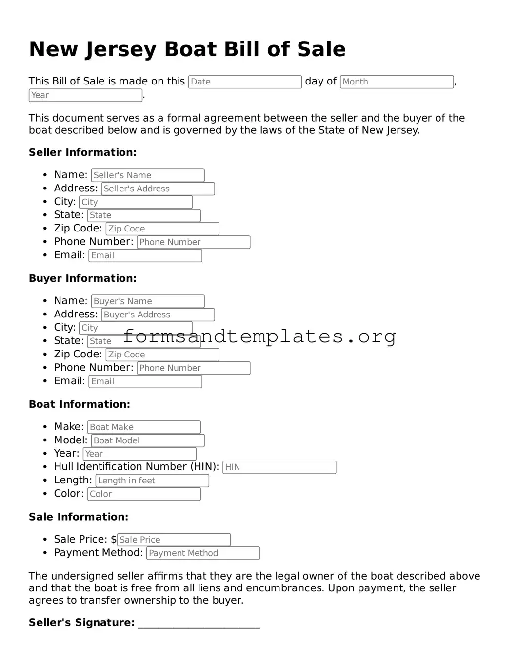 Boat Bill of Sale Template for the State of New Jersey