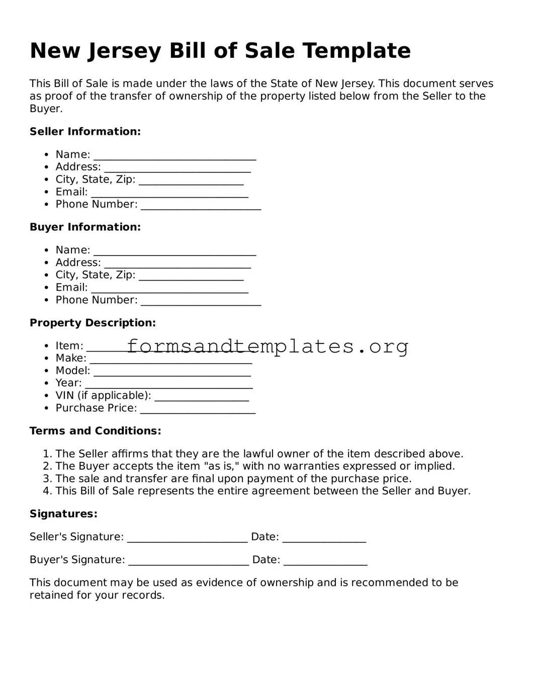Bill of Sale Template for the State of New Jersey