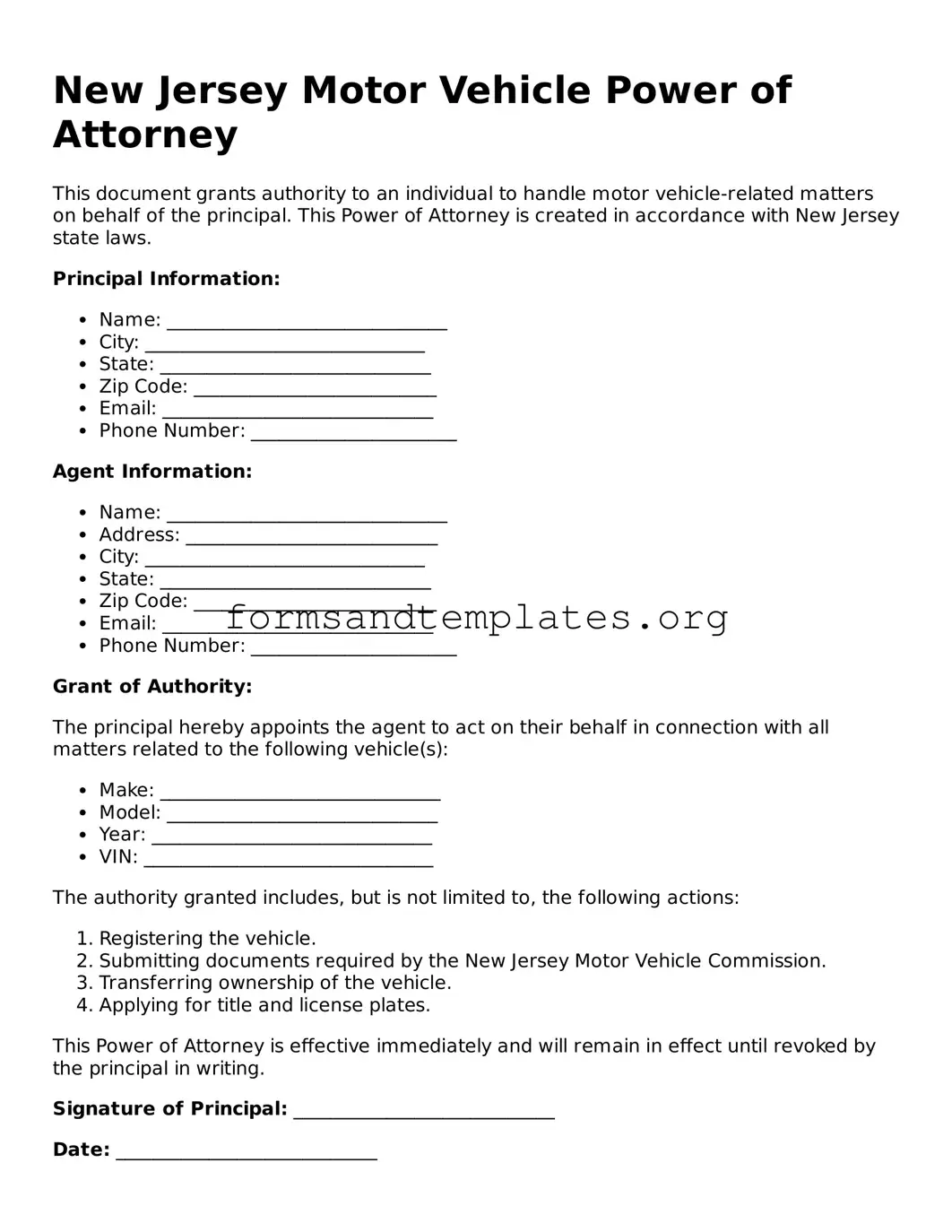 Motor Vehicle Power of Attorney Template for the State of New Jersey
