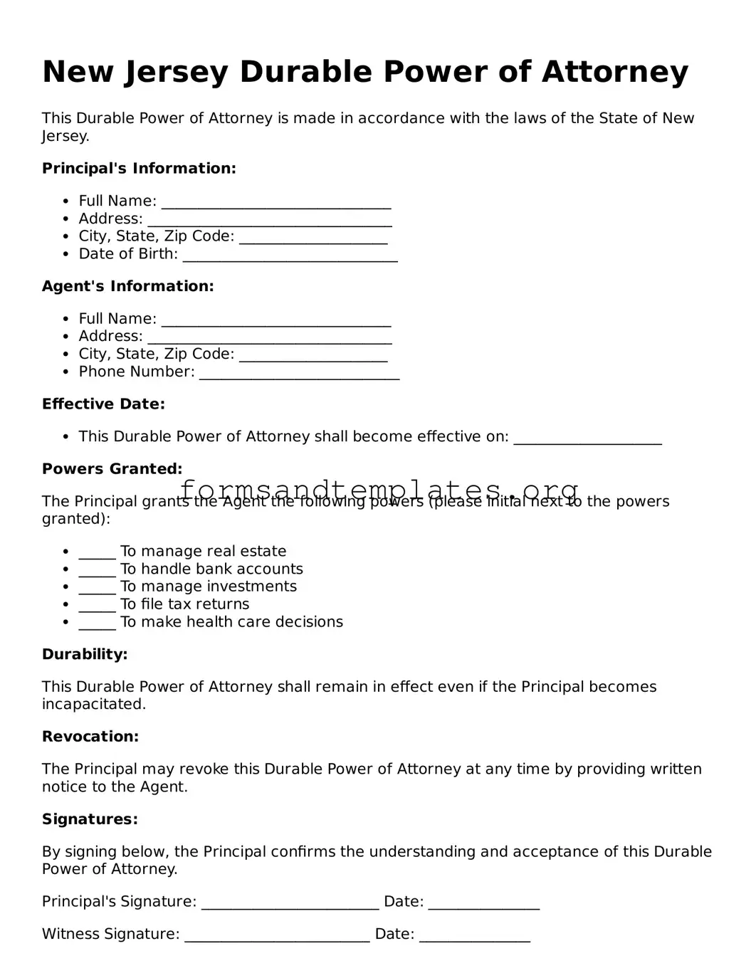 Durable Power of Attorney Template for the State of New Jersey
