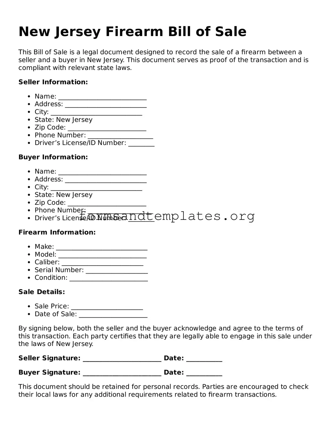 Firearm Bill of Sale Template for the State of New Jersey