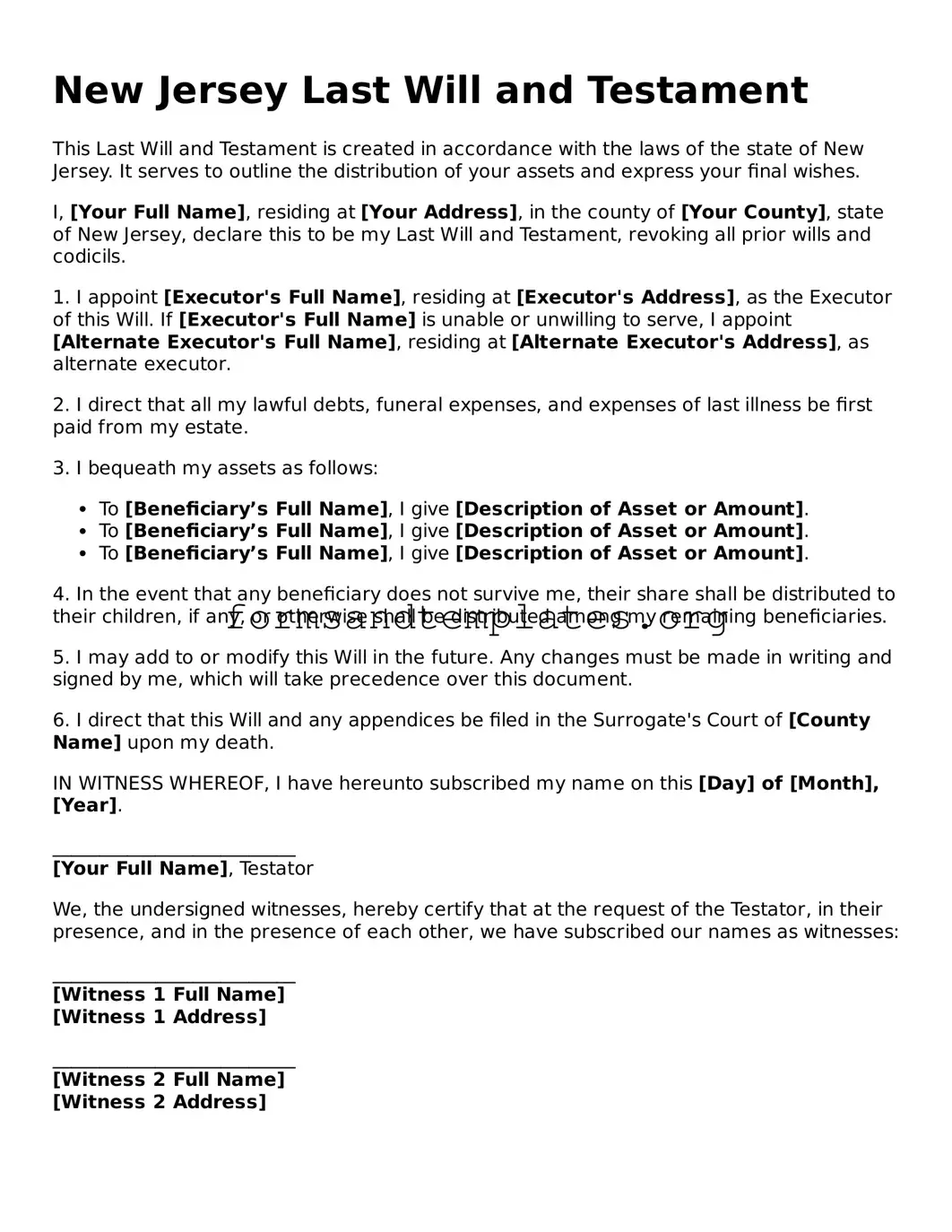 Last Will and Testament Template for the State of New Jersey