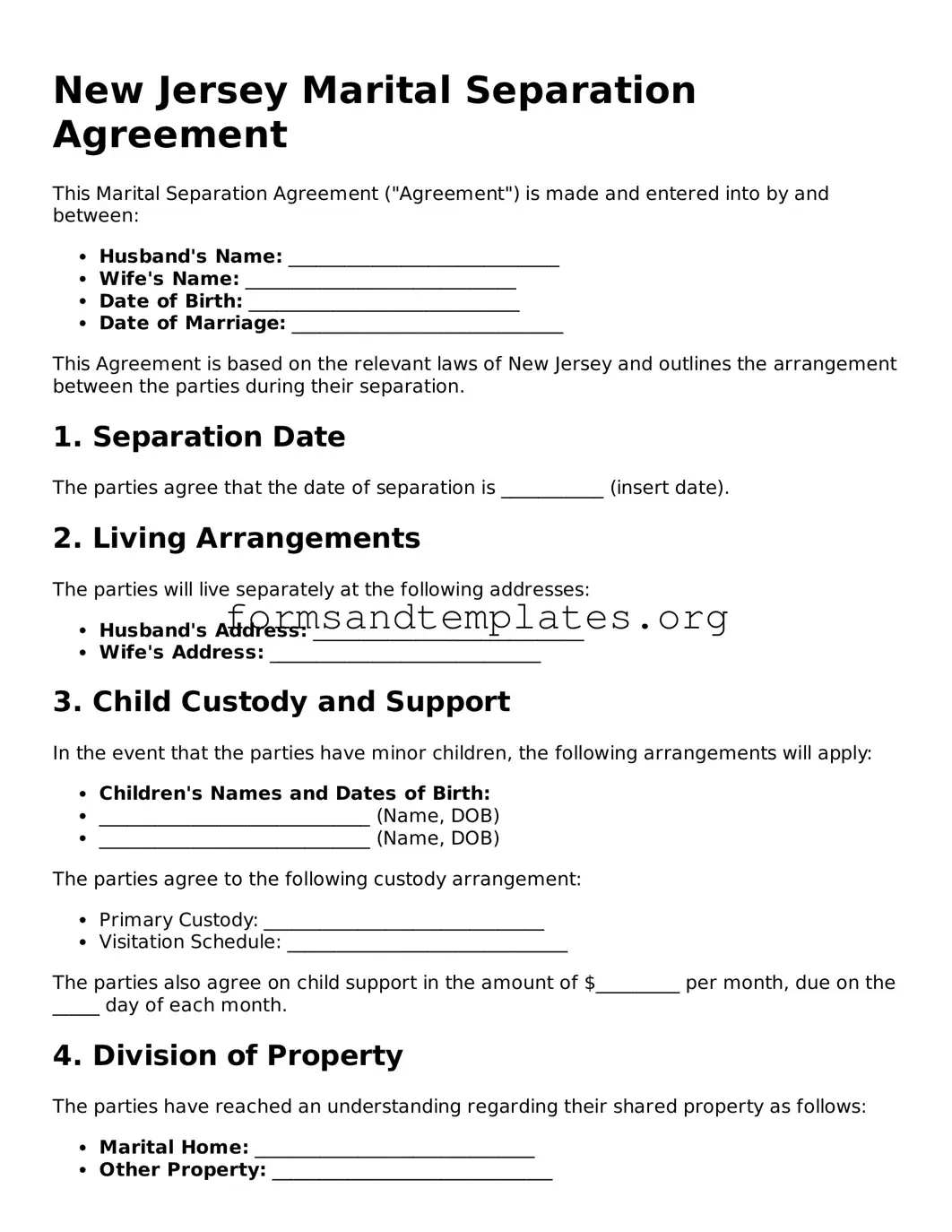 Marital Separation Agreement Template for the State of New Jersey