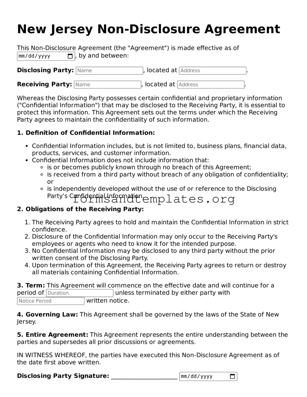 Non-disclosure Agreement Template for the State of New Jersey