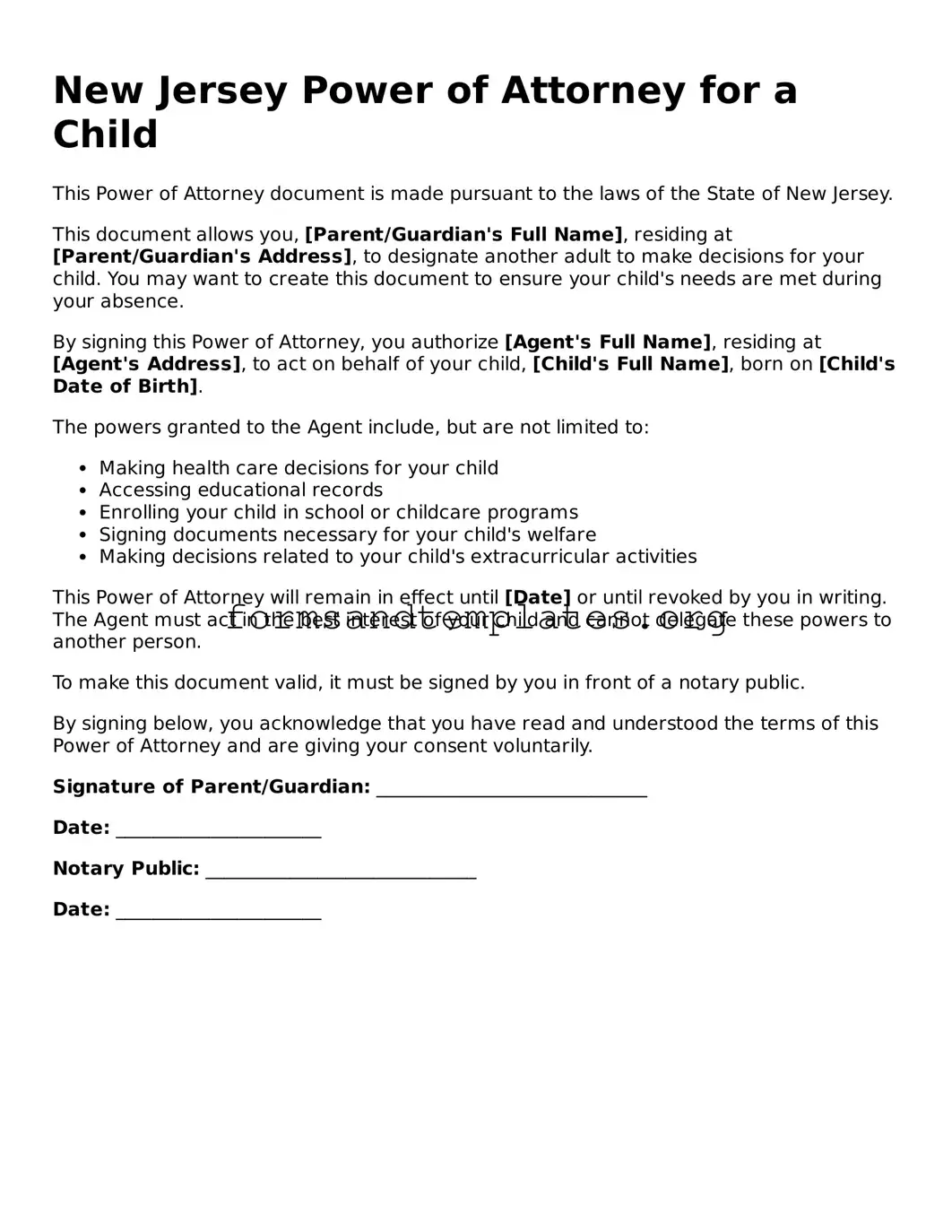 Power of Attorney for a Child Template for the State of New Jersey