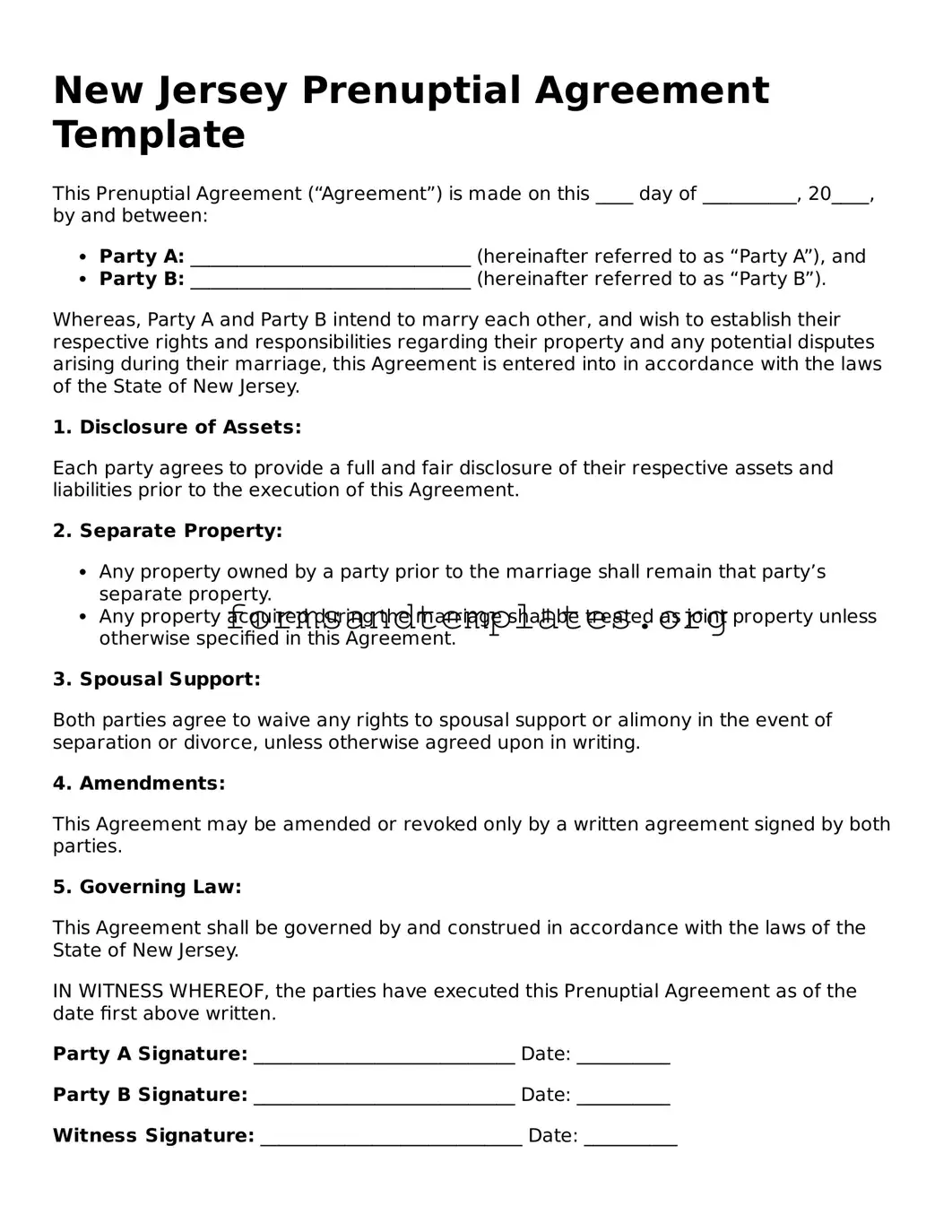 Prenuptial Agreement Template for the State of New Jersey