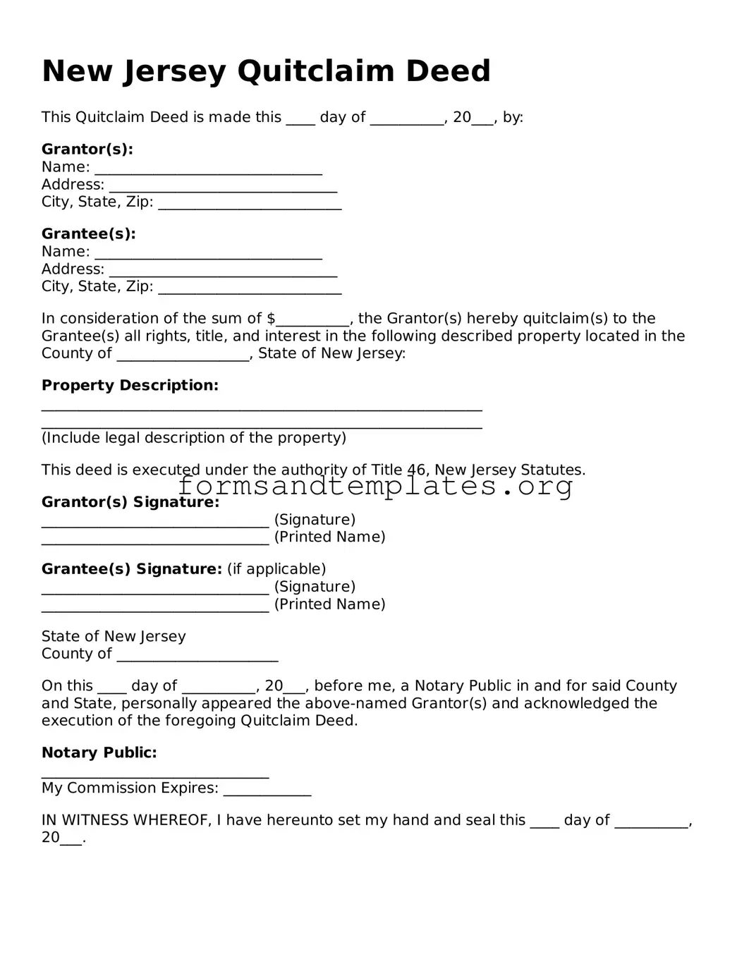 Quitclaim Deed Template for the State of New Jersey