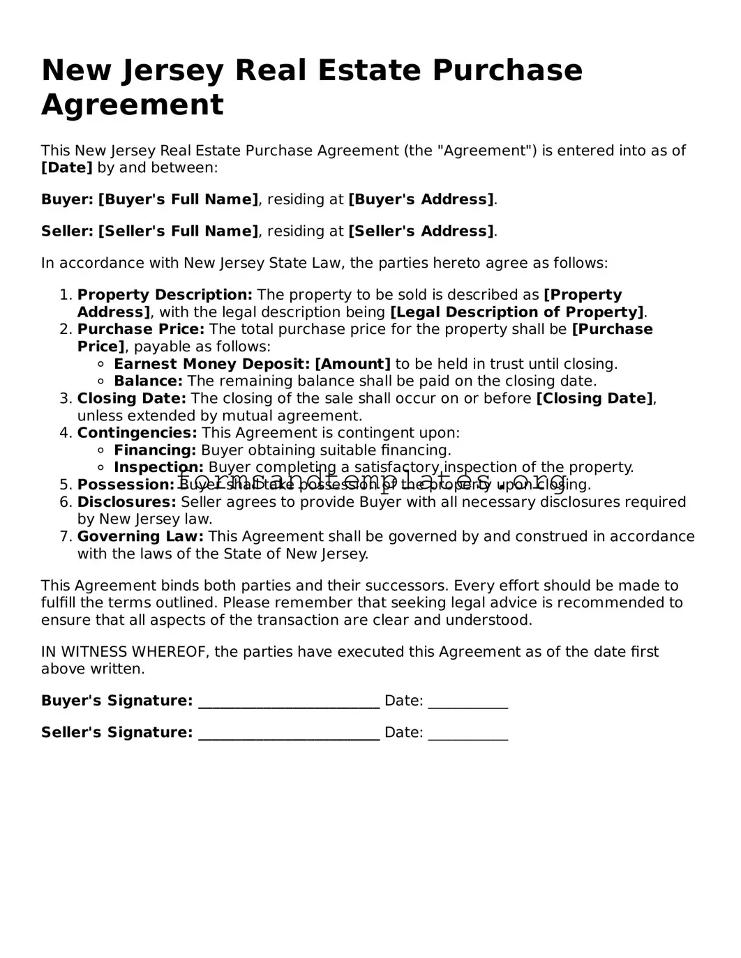 Real Estate Purchase Agreement Template for the State of New Jersey