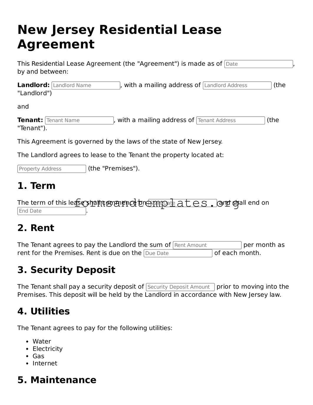 Residential Lease Agreement Template for the State of New Jersey