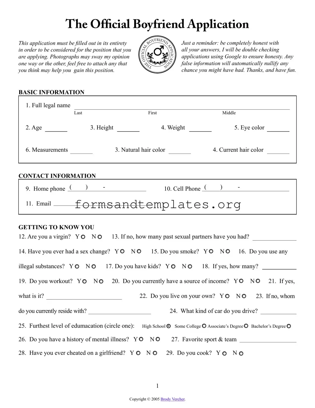 Printable Boyfriend application form Template