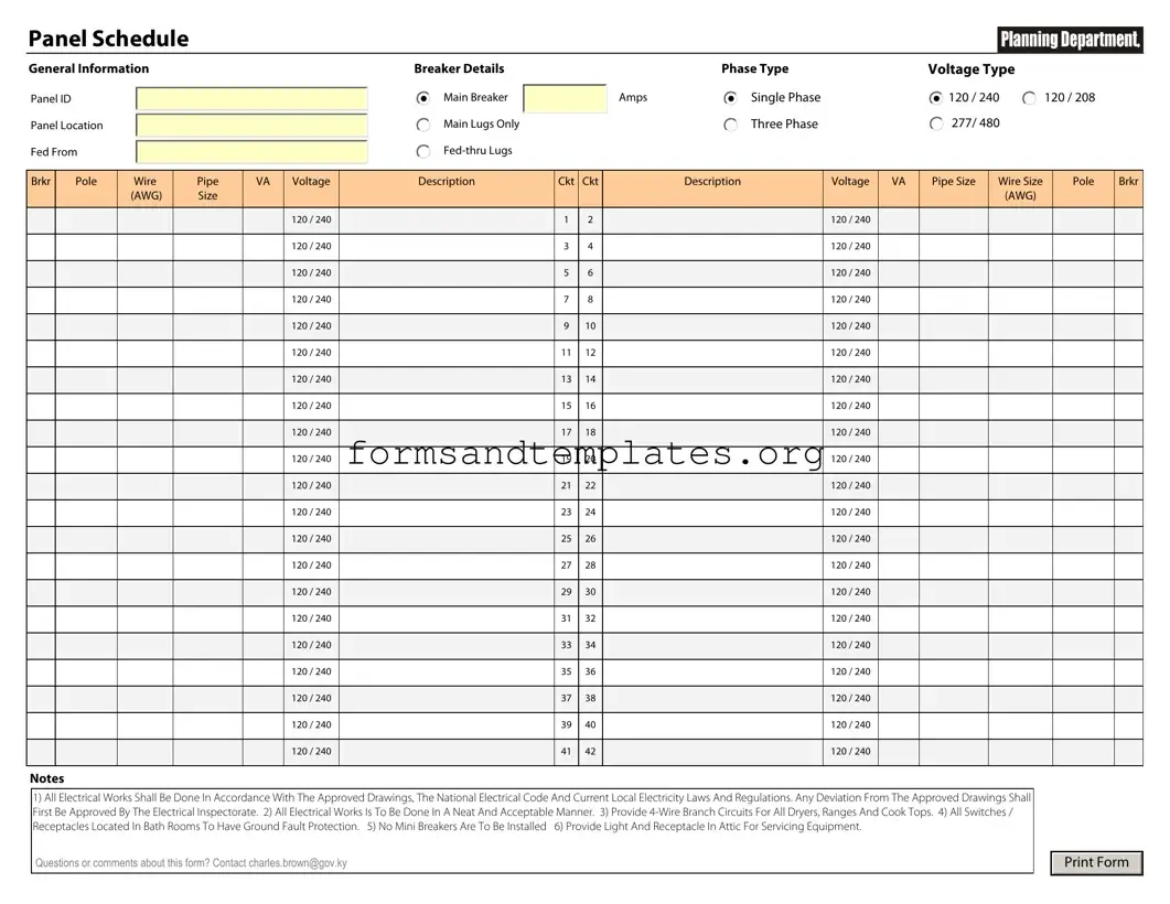 Printable Electrical Panel Schedule Template