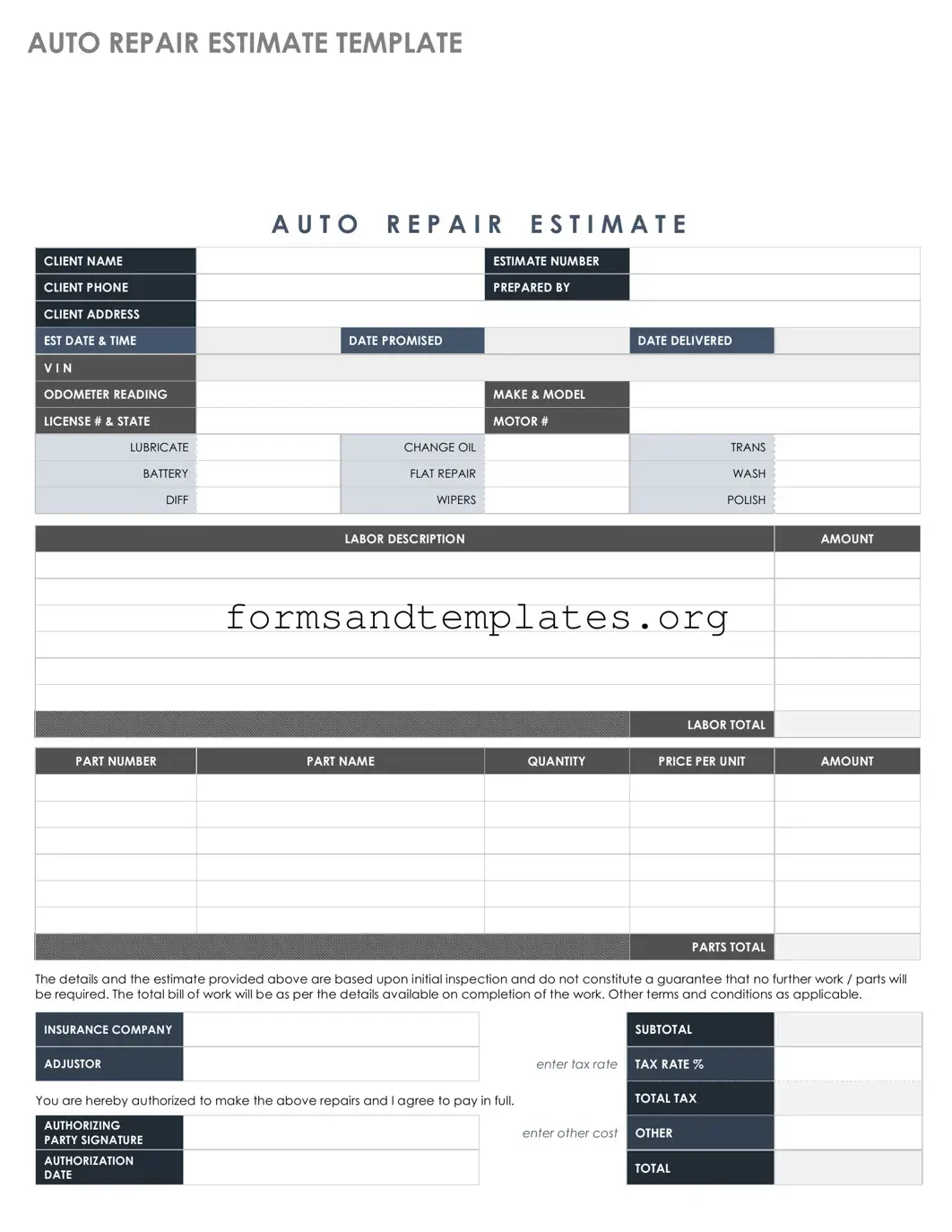 Printable Auto Repair Estimate Template