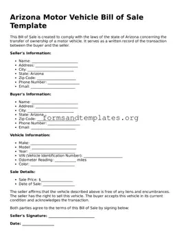 Motor Vehicle Bill of Sale Template for the State of Arizona