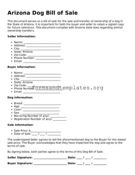 Dog Bill of Sale Template for the State of Arizona