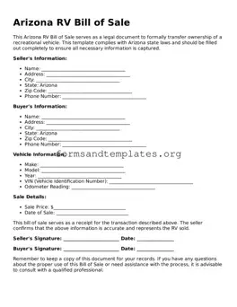 RV Bill of Sale Template for the State of Arizona