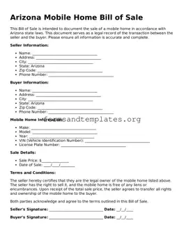 Mobile Home Bill of Sale Template for the State of Arizona