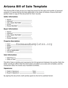 Bill of Sale Template for the State of Arizona