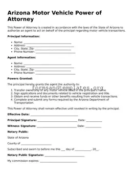 Motor Vehicle Power of Attorney Template for the State of Arizona