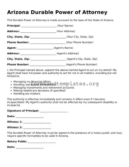 Durable Power of Attorney Template for the State of Arizona