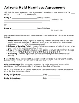 Hold Harmless Agreement Template for the State of Arizona