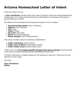 Homeschool Letter of Intent Template for the State of Arizona