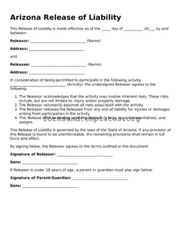 Release of Liability Template for the State of Arizona