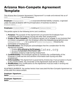 Non-compete Agreement Template for the State of Arizona