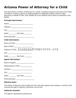 Power of Attorney for a Child Template for the State of Arizona