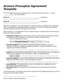 Prenuptial Agreement Template for the State of Arizona