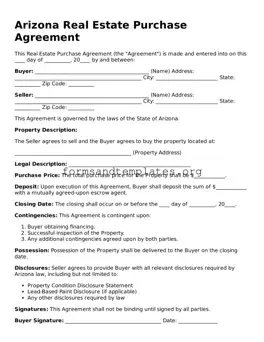 Real Estate Purchase Agreement Template for the State of Arizona