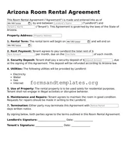 Room Rental Agreement Template for the State of Arizona