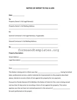 Printable Intent To Lien Florida Template