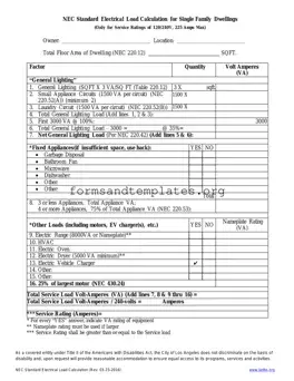 Printable LADBS NEC Standard Electrical Load Calculation Template