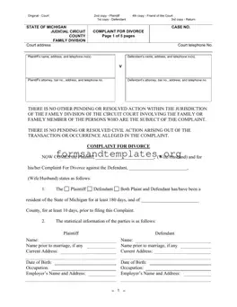 Printable Michigan Complaint Divorce Template
