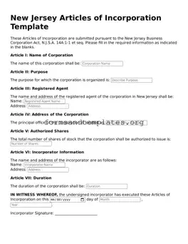 Articles of Incorporation Template for the State of New Jersey