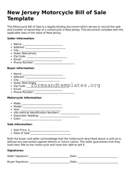 Motorcycle Bill of Sale Template for the State of New Jersey